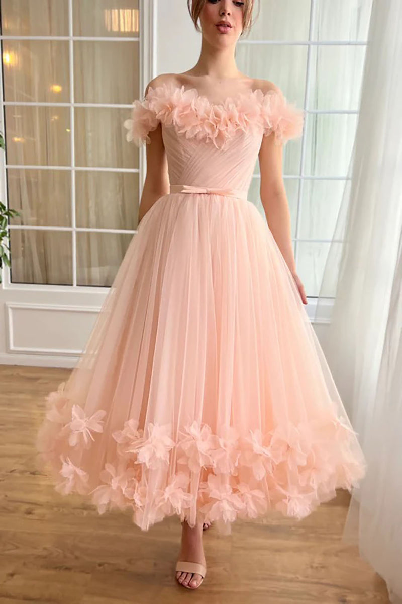 Off Shoulder Pink Midi Prom Dress 3D Floral Sweet 16 Dresses Ms2508257