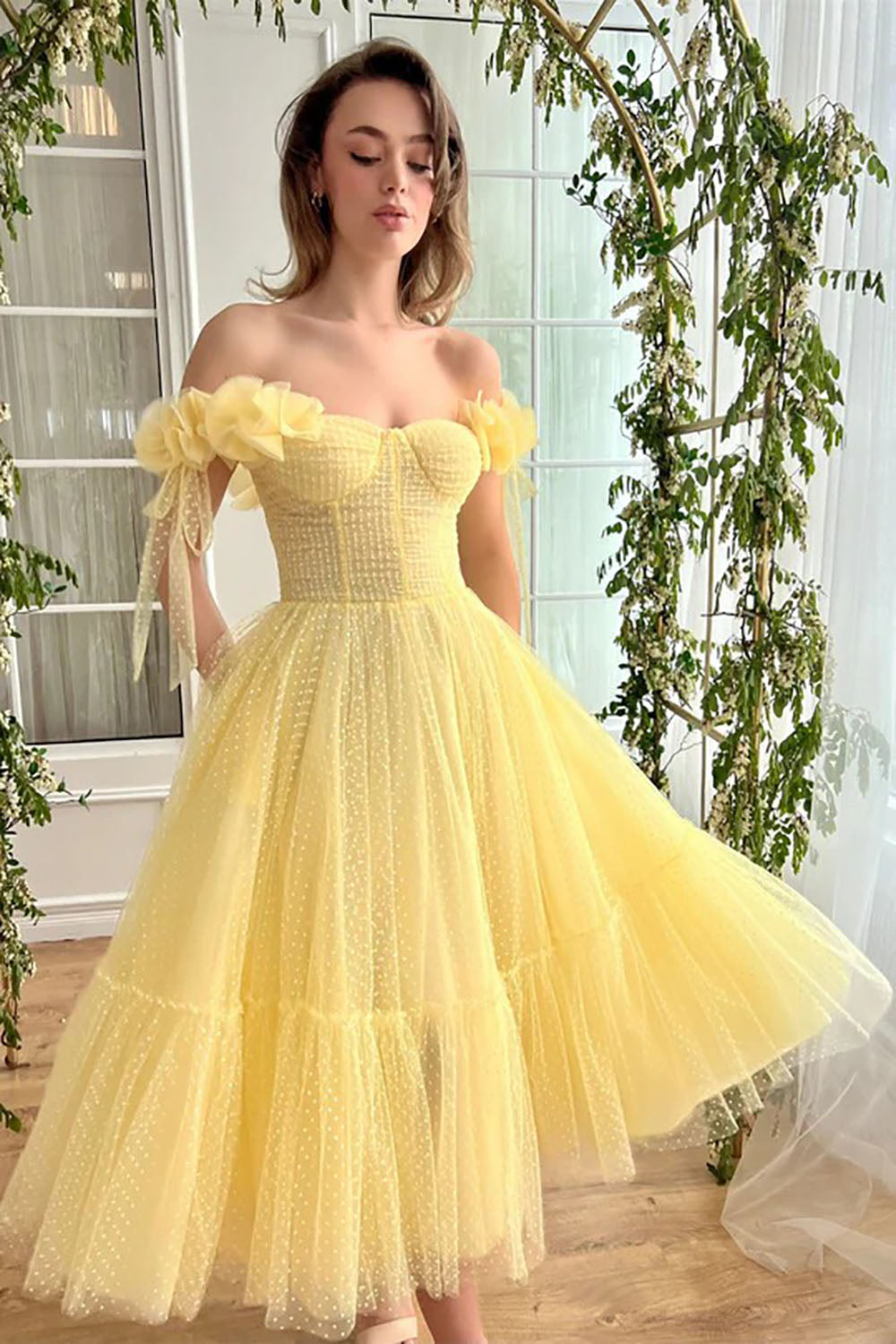 Yellow Off Shoulder Midi Prom Dress Polka Dot Tulle Party Dress Ms2508284