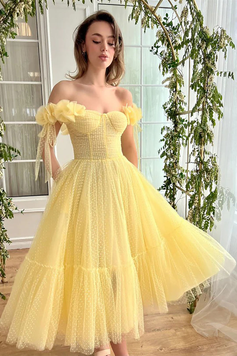 Yellow Off Shoulder Midi Prom Dress Polka Dot Tulle Party Dress Ms2508284