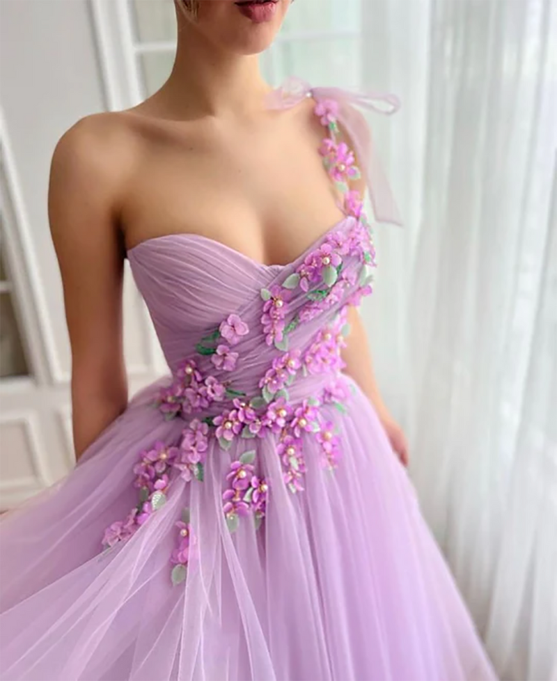 One Shoulder Midi Prom Dress with 3D Floral Party Gown Ms2508271