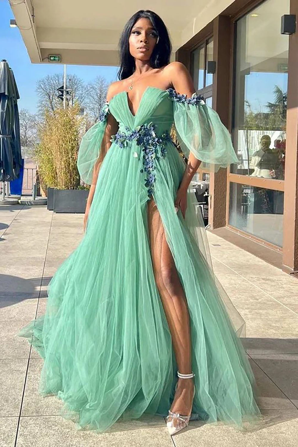 Off Shoulder Prom Dresses 3D Flower Appliqué High Slit Evening Dress Ms2509191