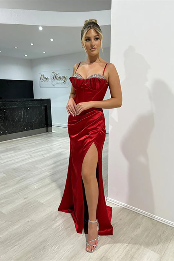 Satin Spaghetti Strap Prom Dress Sexy High Slit Evening Dress MS25098145