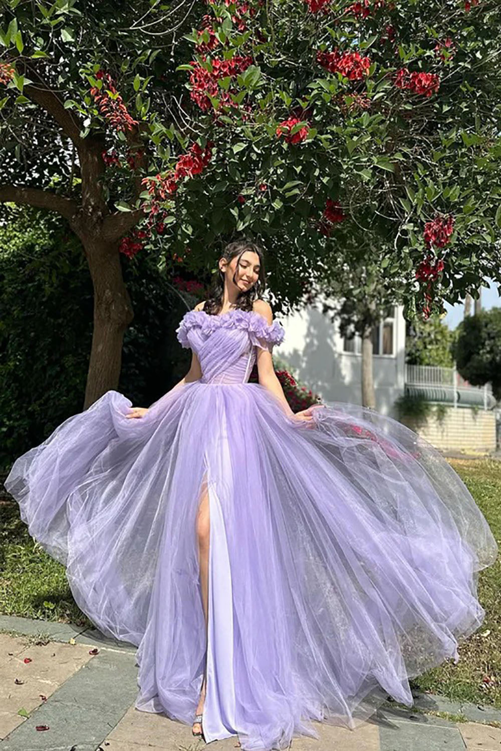 Off Shoulder Pleated Prom Dress with Floral High Slit Party Dress Ms2508283