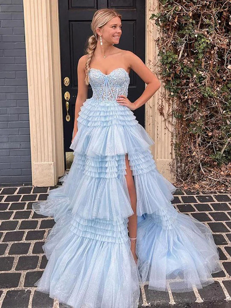 Tiered Tulle Prom Dress High Slit Sweetheart Lace Evening Gown Ms2508256