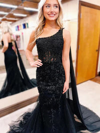 Black One Shoulder Lace Evening Gown 2025 Mermaid Prom Dress Ms2508272