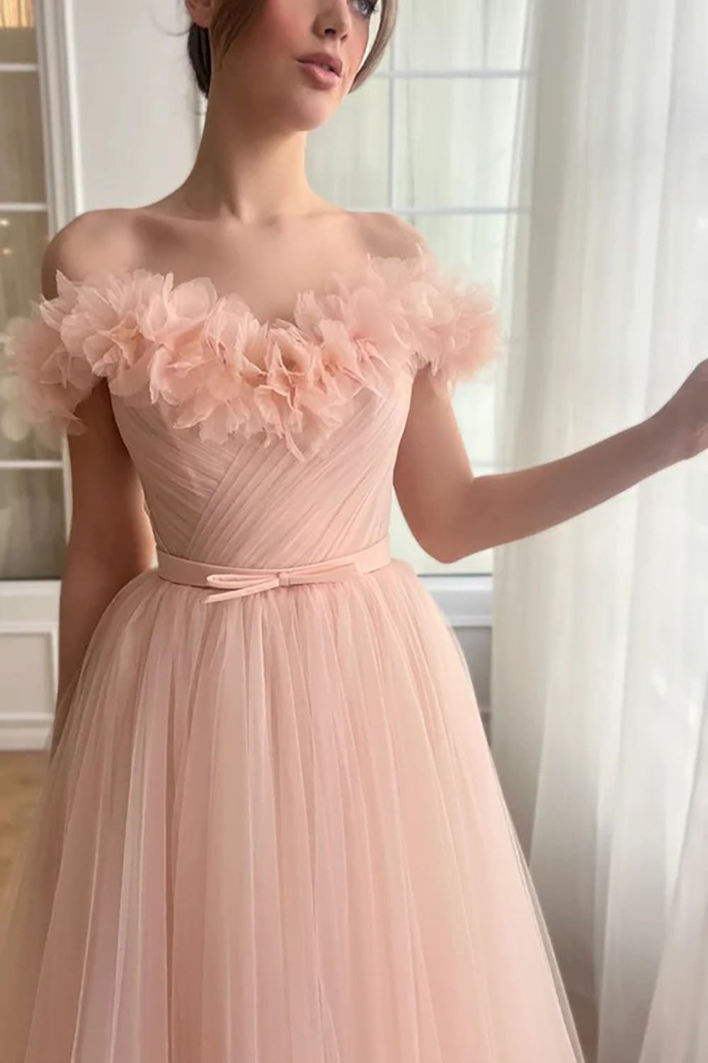 Off Shoulder Pink Midi Prom Dress 3D Floral Sweet 16 Dresses Ms2508257