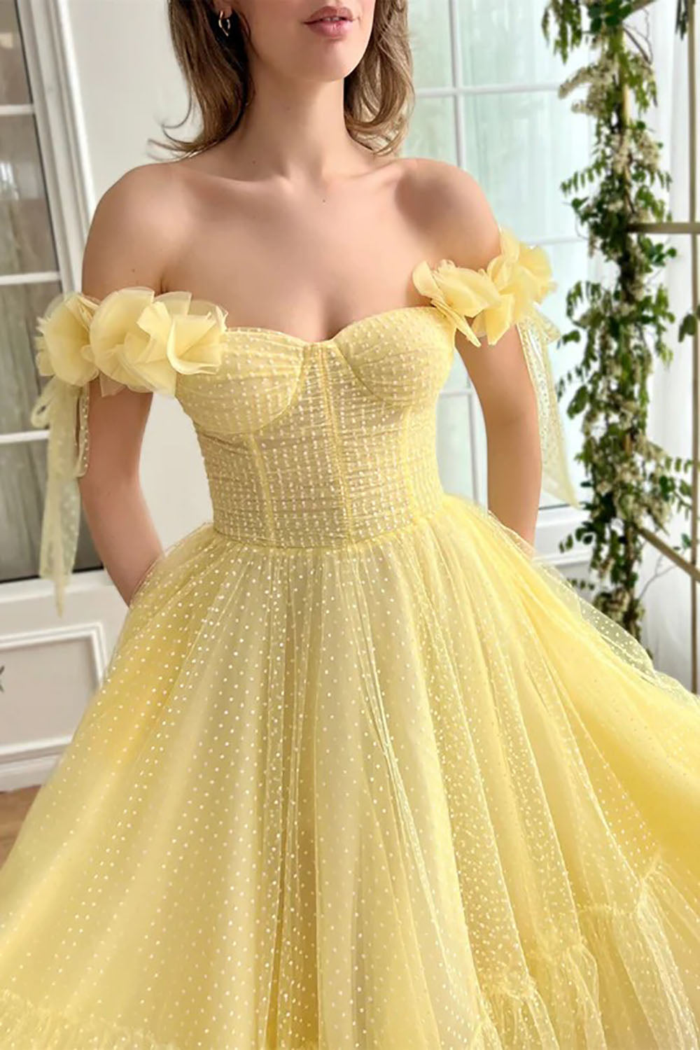 Yellow Off Shoulder Midi Prom Dress Polka Dot Tulle Party Dress Ms2508284
