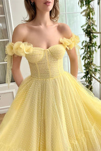 Yellow Off Shoulder Midi Prom Dress Polka Dot Tulle Party Dress Ms2508284