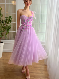 One Shoulder Midi Prom Dress with 3D Floral Party Gown Ms2508271