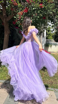 Off Shoulder Pleated Prom Dress with Floral High Slit Party Dress Ms2508283