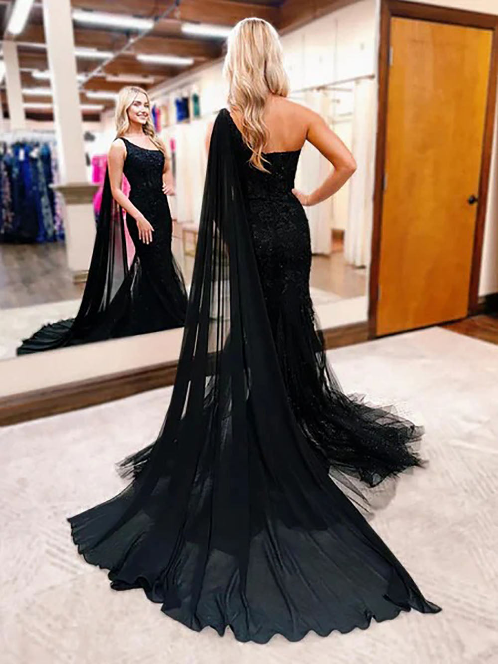 Black One Shoulder Lace Evening Gown 2025 Mermaid Prom Dress Ms2508272
