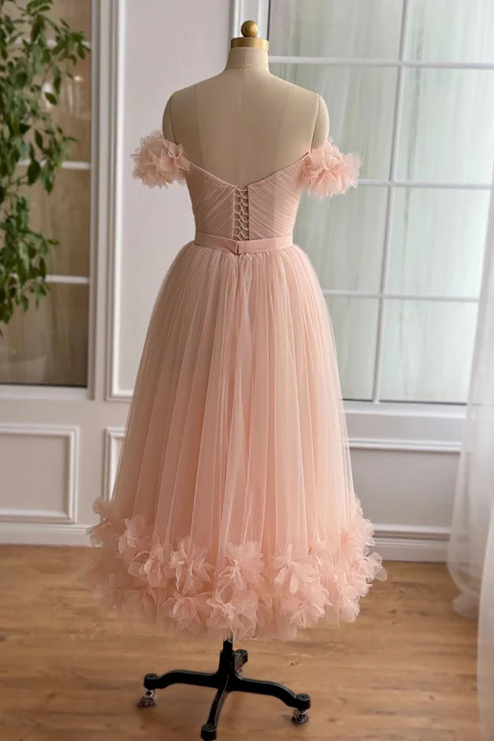 Off Shoulder Pink Midi Prom Dress 3D Floral Sweet 16 Dresses Ms2508257