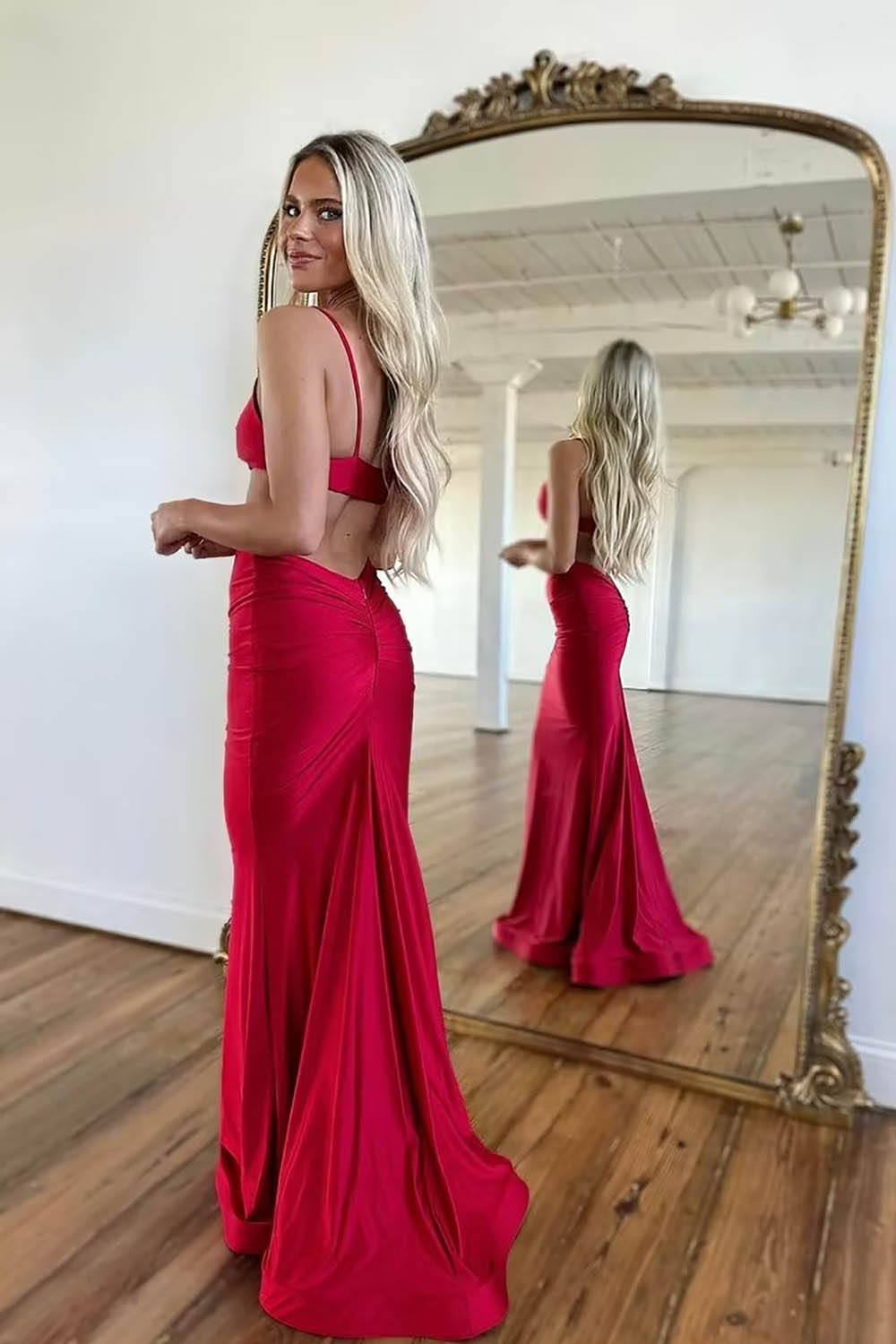 Red Prom Dress Spaghetti Strap Cut Out Backless Mermaid Evening Dress Party Dress Ms2609043