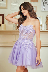 Lace Appliques Beaded Sheer Strapless Homecoming Dress Corset Tulle Short Cocktail Dress Ms2610236