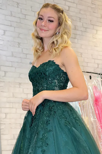 Green Strapless A-Line Prom Dresses Lace Appliques Graduation Dress Ms2508273