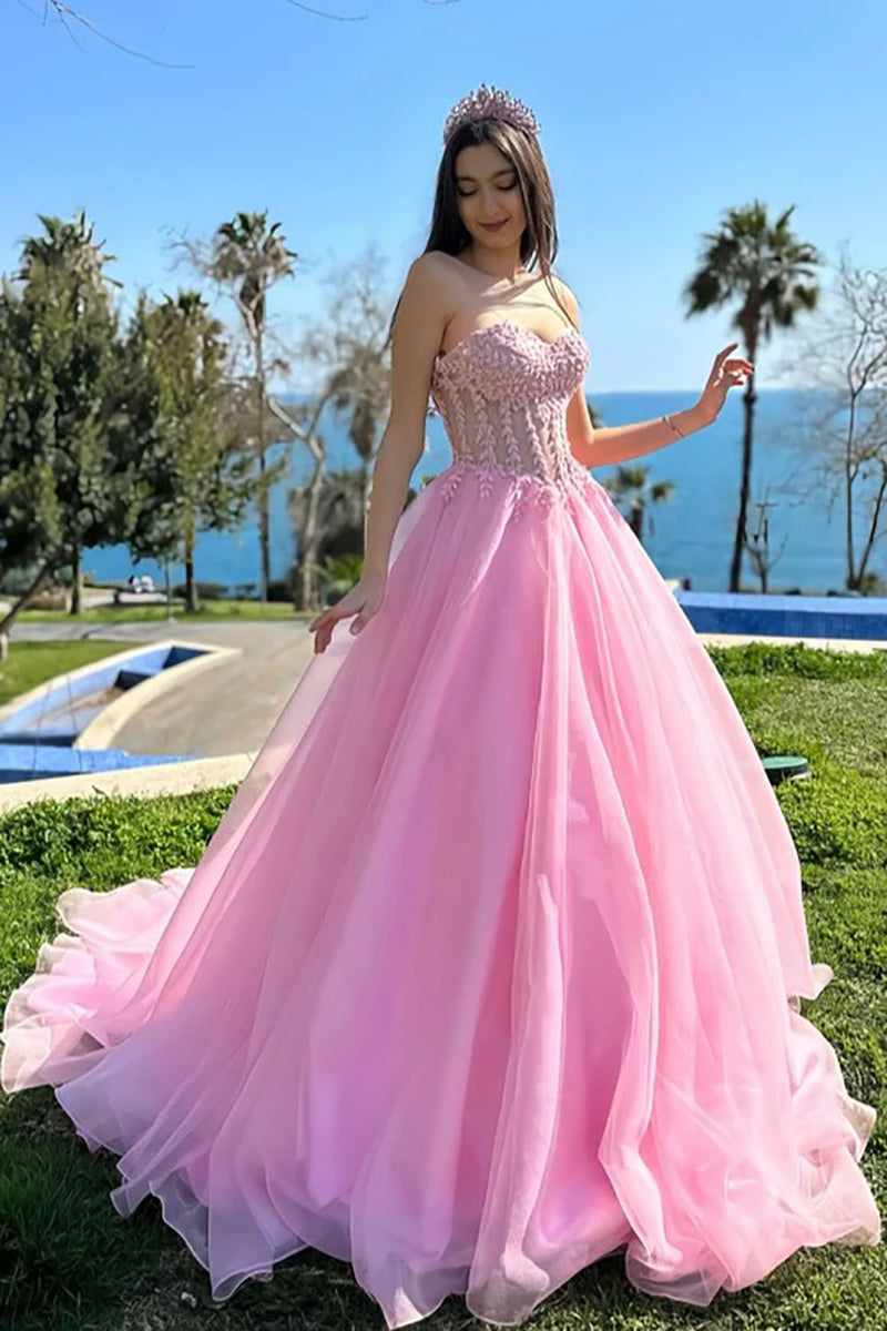 Pink Birthday Dress Sweetheart Beaded Lace Princess Prom Dress MS25082