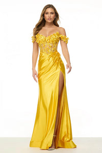 Off-Shoulder 3D Floral Satin Prom Dress with Slit Evening Gown Ms2602051