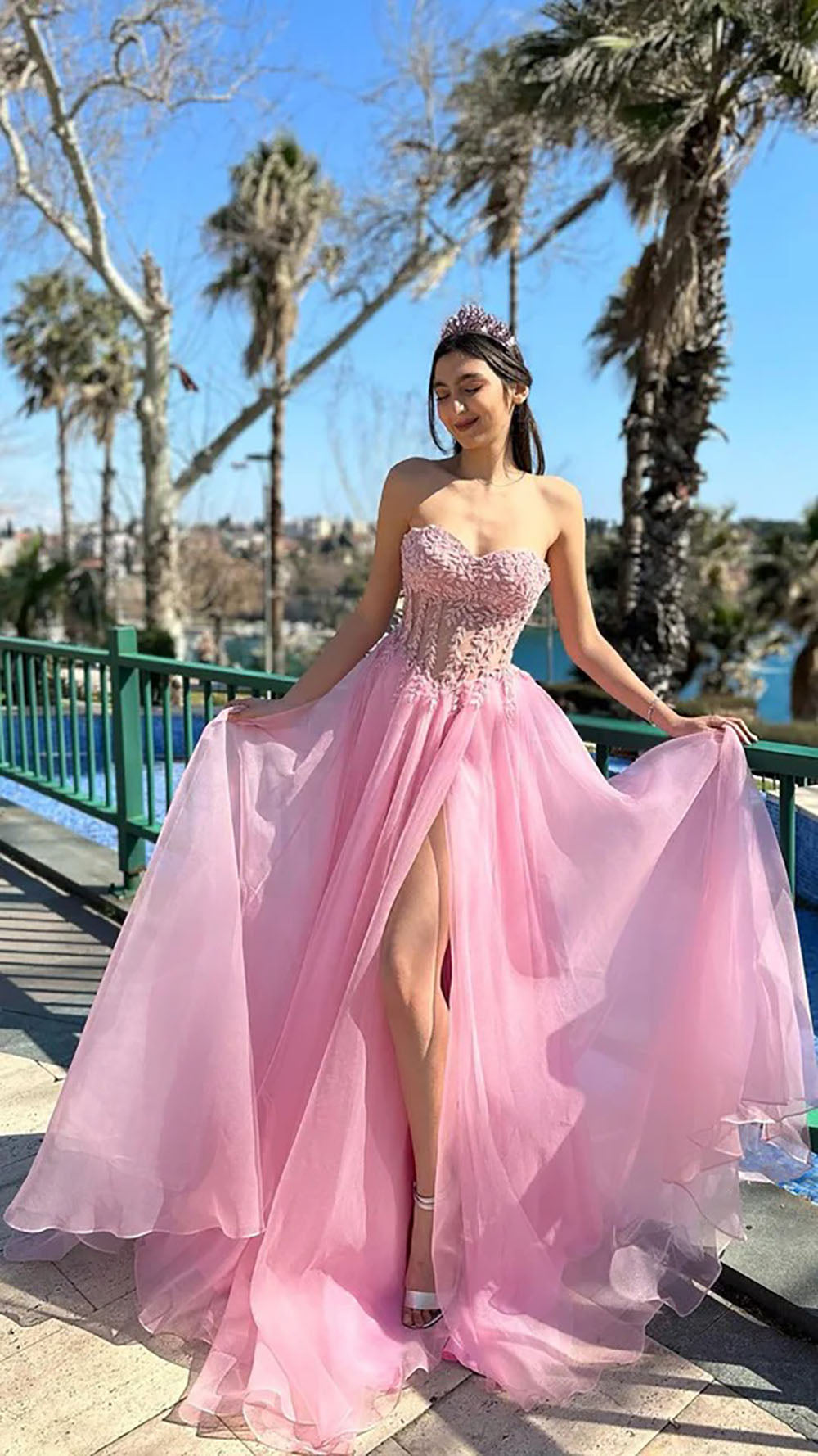 Pink Birthday Dress Sweetheart Beaded Lace Princess Prom Dress MS25082