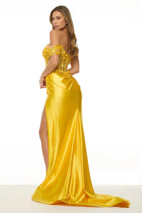 Off-Shoulder 3D Floral Satin Prom Dress with Slit Evening Gown Ms2602051