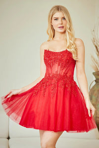 Lace Appliques Beaded Sheer Strapless Homecoming Dress Corset Tulle Short Cocktail Dress Ms2610236