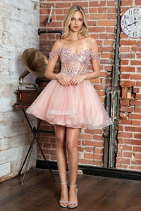 Off Shoulder Beaded Tulle Homecoming Dress Corset A Line Short Prom Dress Ms2610222