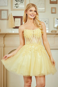 Lace Appliques Beaded Sheer Strapless Homecoming Dress Corset Tulle Short Cocktail Dress Ms2610236