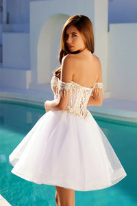 Off Shoulder Beaded Tulle Homecoming Dress Corset A Line Short Prom Dress Ms2610222