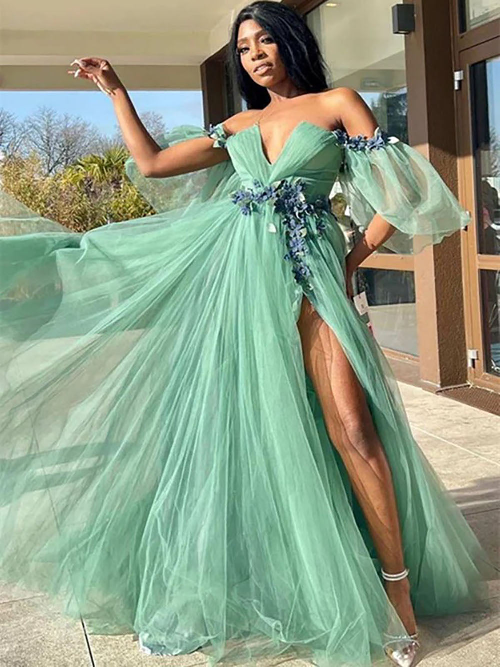 Off Shoulder Prom Dresses 3D Flower Appliqué High Slit Evening Dress Ms2509191