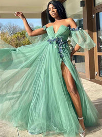 Off Shoulder Prom Dresses 3D Flower Appliqué High Slit Evening Dress Ms2509191