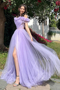 Off Shoulder Pleated Prom Dress with Floral High Slit Party Dress Ms2508283