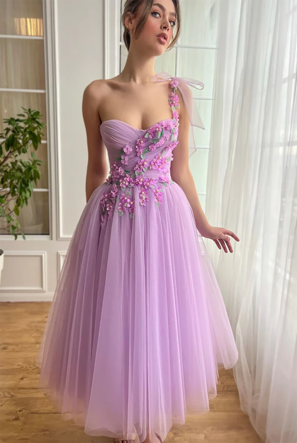 One Shoulder Midi Prom Dress with 3D Floral Party Gown Ms2508271