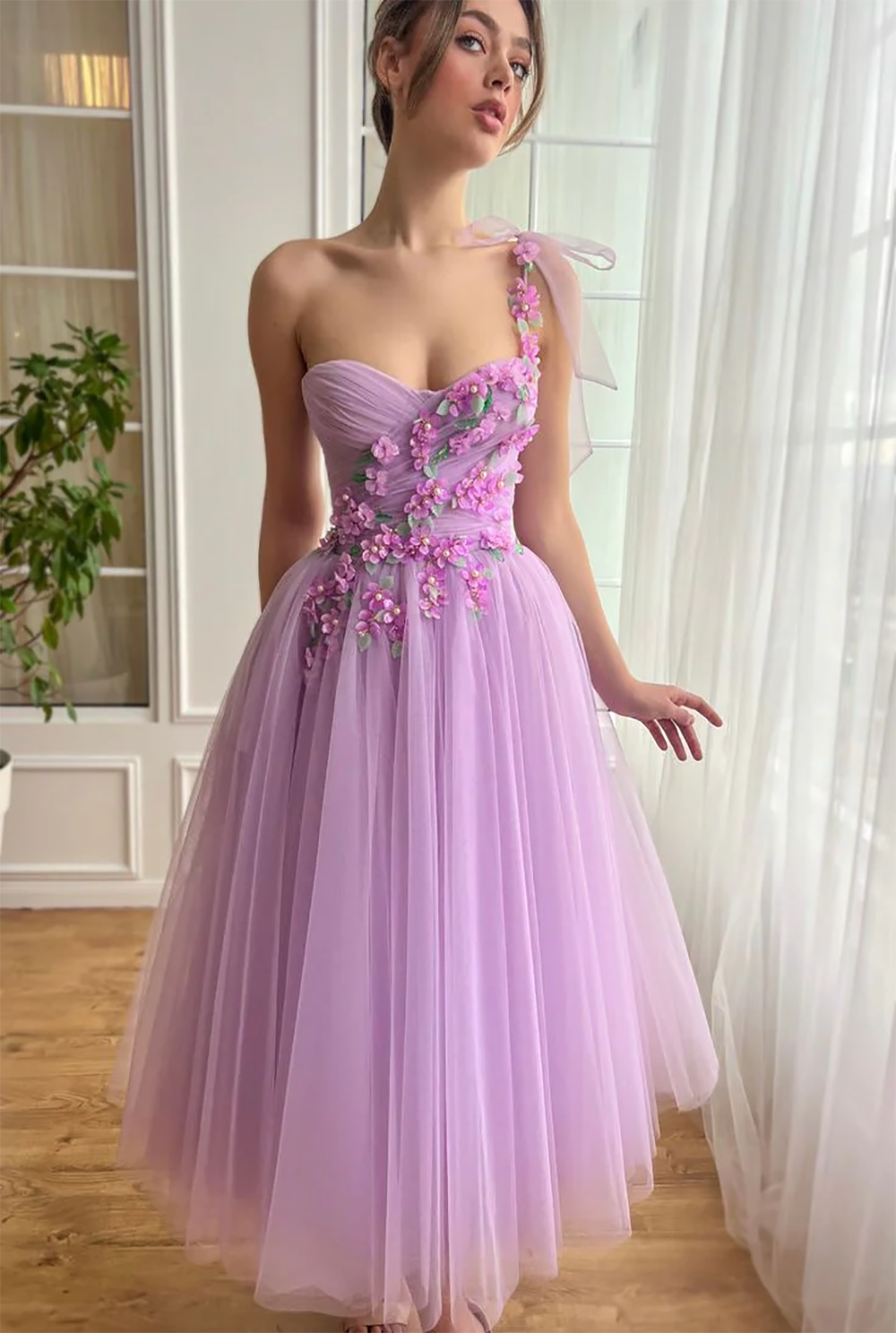 One Shoulder Midi Prom Dress with 3D Floral Party Gown Ms2508271