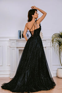 Glitter One-Shoulder Prom Dress with High Slit Formal Dress Ms2602053