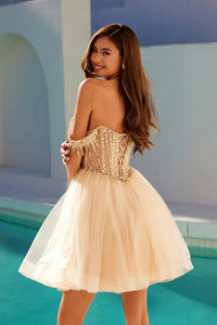 Off Shoulder Beaded Tulle Homecoming Dress Corset A Line Short Prom Dress Ms2610222