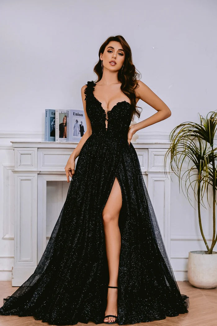 Glitter One-Shoulder Prom Dress with High Slit Formal Dress Ms2602053