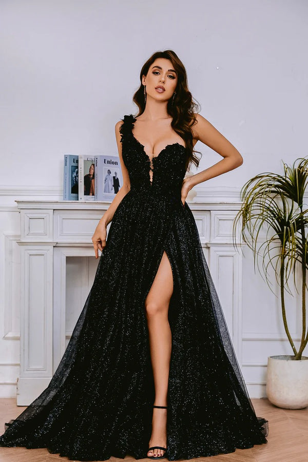 Glitter One-Shoulder Prom Dress with High Slit Formal Dress Ms2602053
