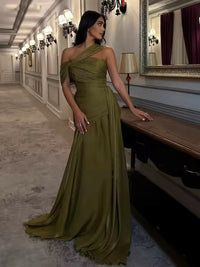 Olive Green One Shoulder Pleated Evening Party Dress Draped Prom Dress Ms2604235