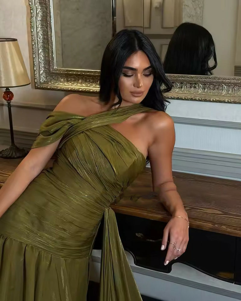 Olive Green One Shoulder Pleated Evening Party Dress Draped Prom Dress Ms2604235