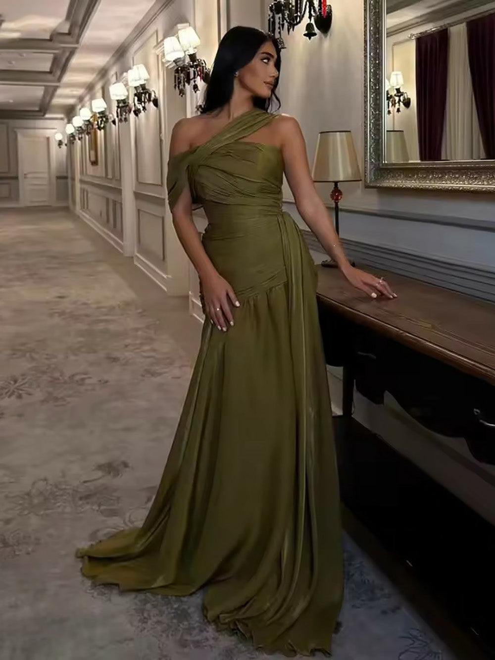 Olive Green One Shoulder Pleated Evening Party Dress Draped Prom Dress Ms2604235