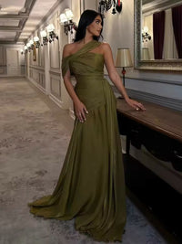 Olive Green One Shoulder Pleated Evening Party Dress Draped Prom Dress Ms2604235