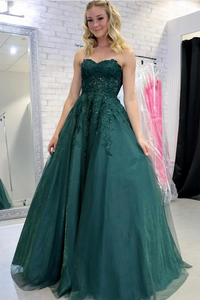Green Strapless A-Line Prom Dresses Lace Appliques Graduation Dress Ms2508273