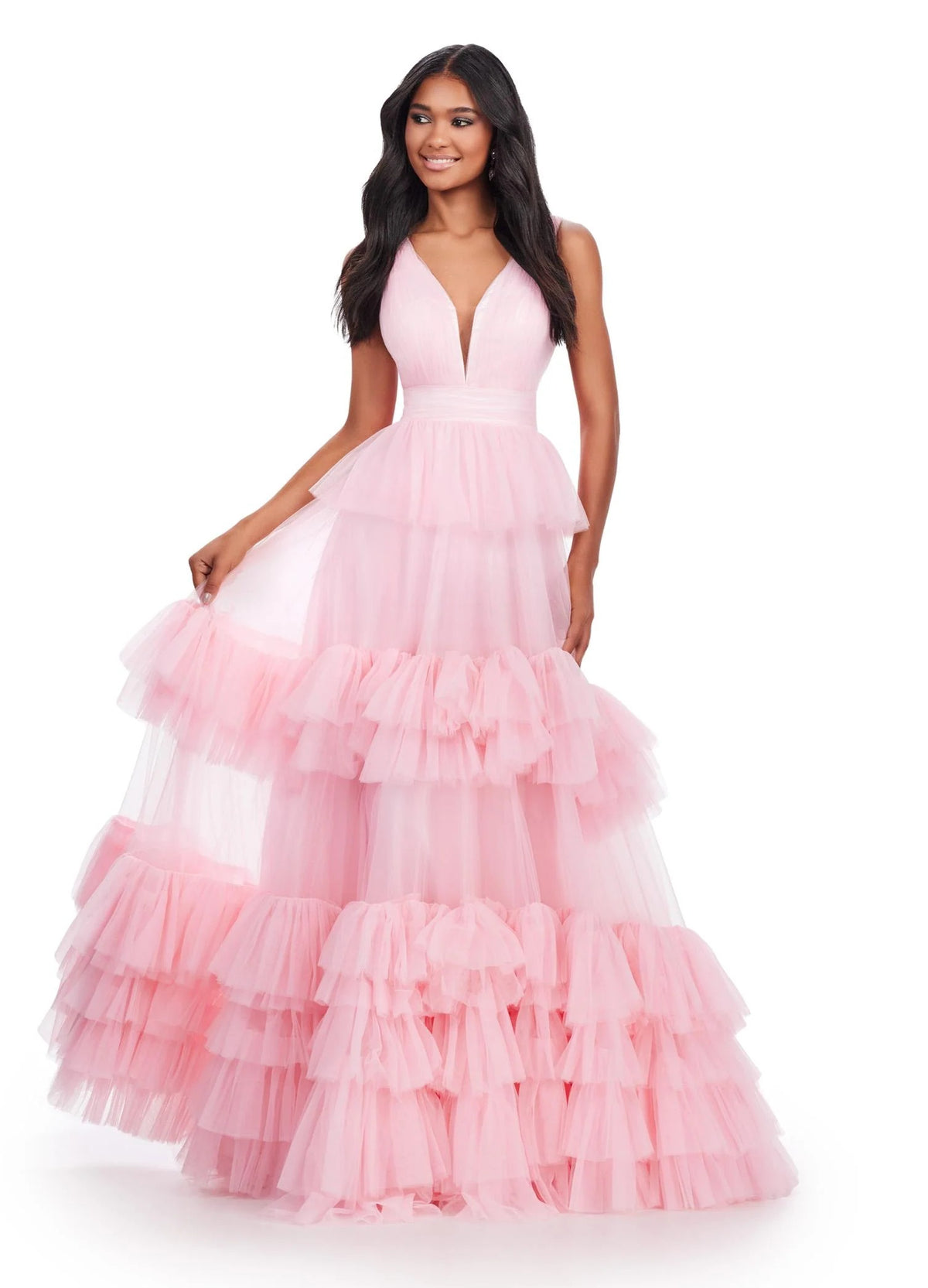 Tiered Tulle Ruffle Evening Gown V-Neck A-Line Prom Dresses Ms2602042