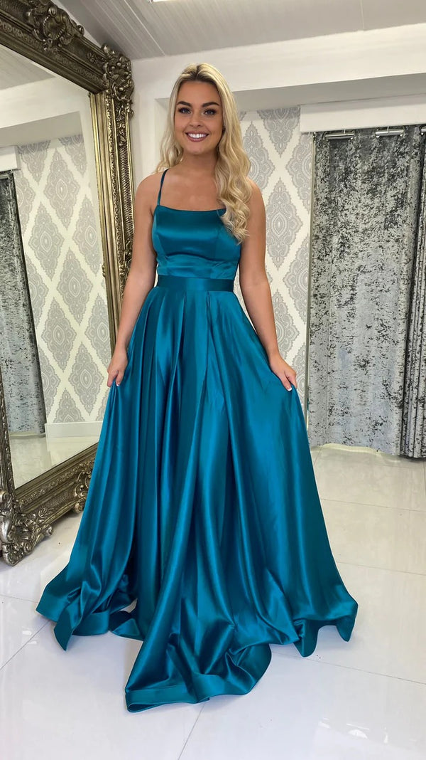 Teal Satin Evening Gown A Line Simple Prom Dresses Ms2601309