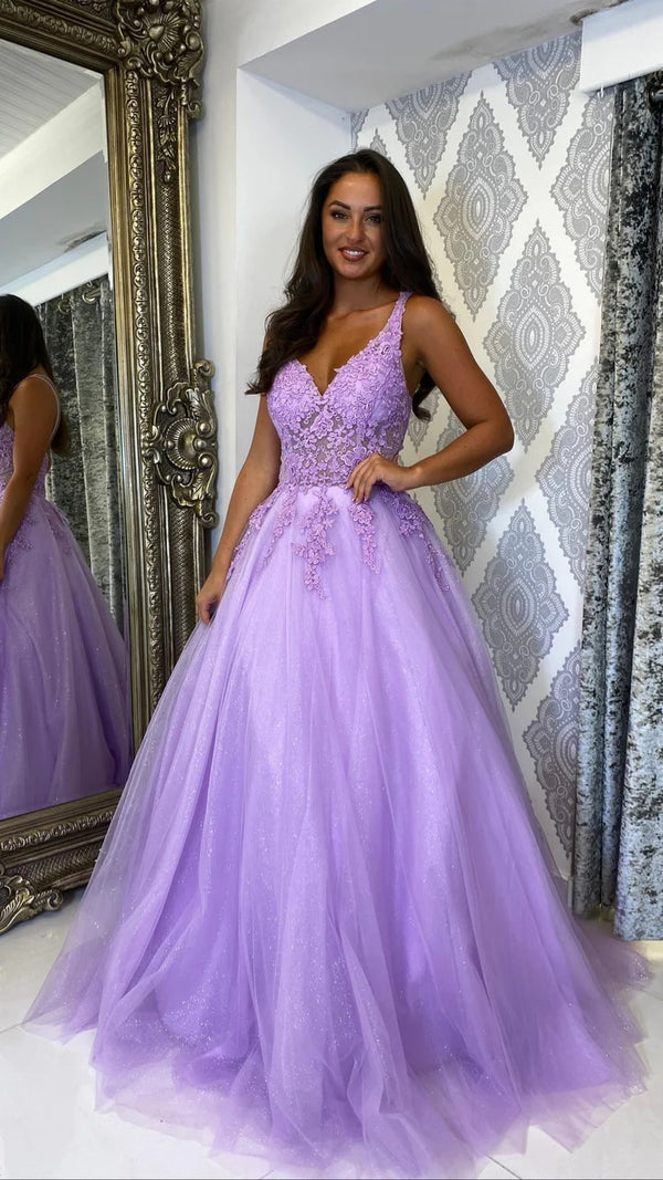 Lavender Lace Glitter Tulle Prom Dress Corset Formal Evening Gown Ms2601301
