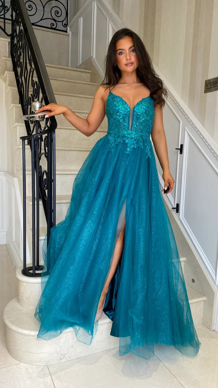 Glitter Tulle Prom Dress Spaghetti Straps Lace Corset High Slit Evening Gown Ms2601302