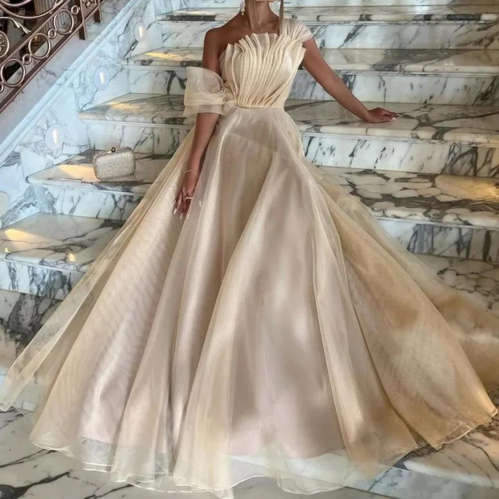 Champagne Prom Dress One Shoulder Organza Pleated  Luxury Evening Dress Ms261204