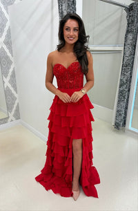 Red Stunning Evening Gown with Side Slit Strapless Prom Dress Ms26013010