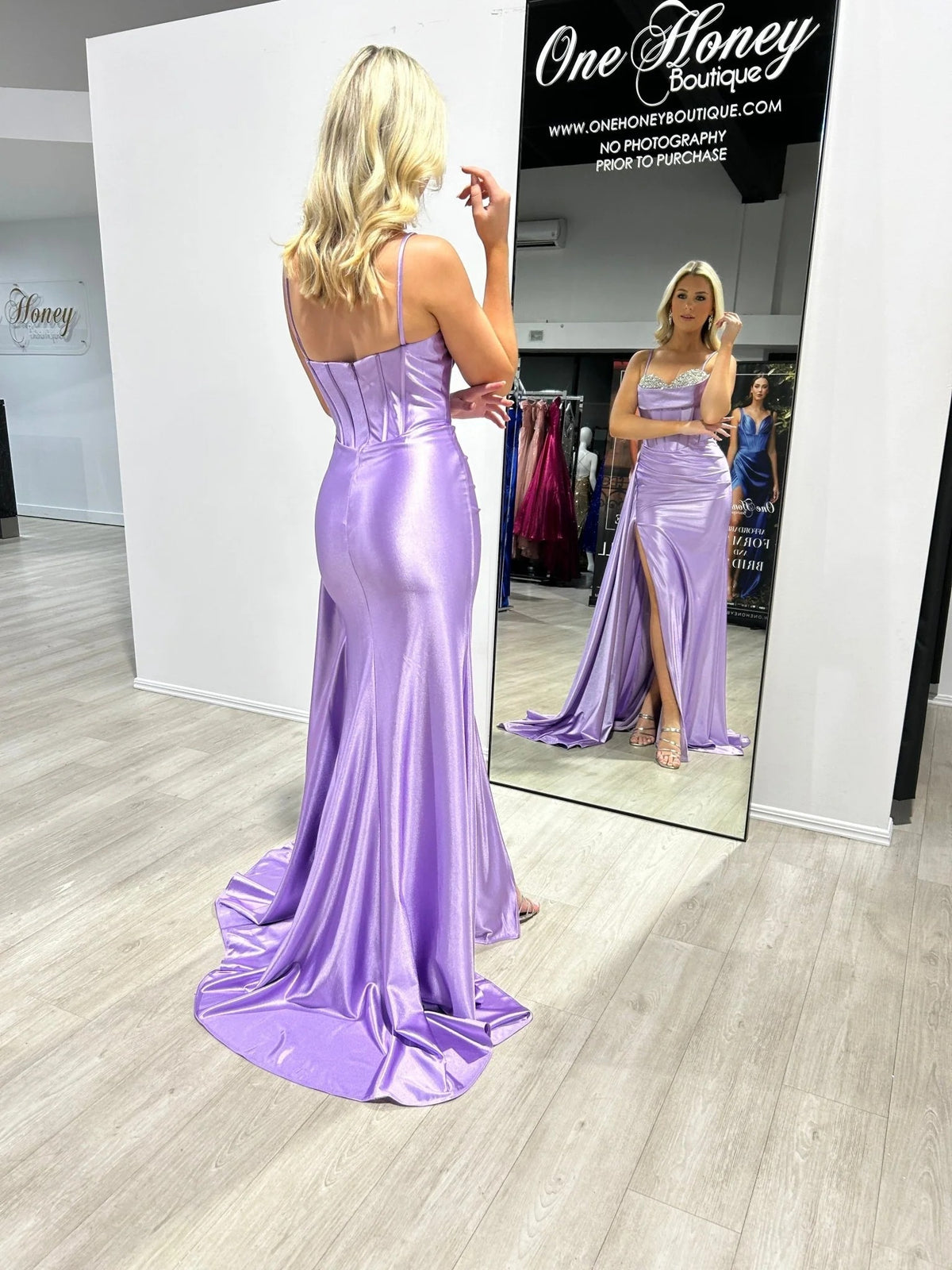 Satin Mermaid Prom Dress Crystal Sexy Slit Spaghetti Strap Formal Evening Dress Ms2601242