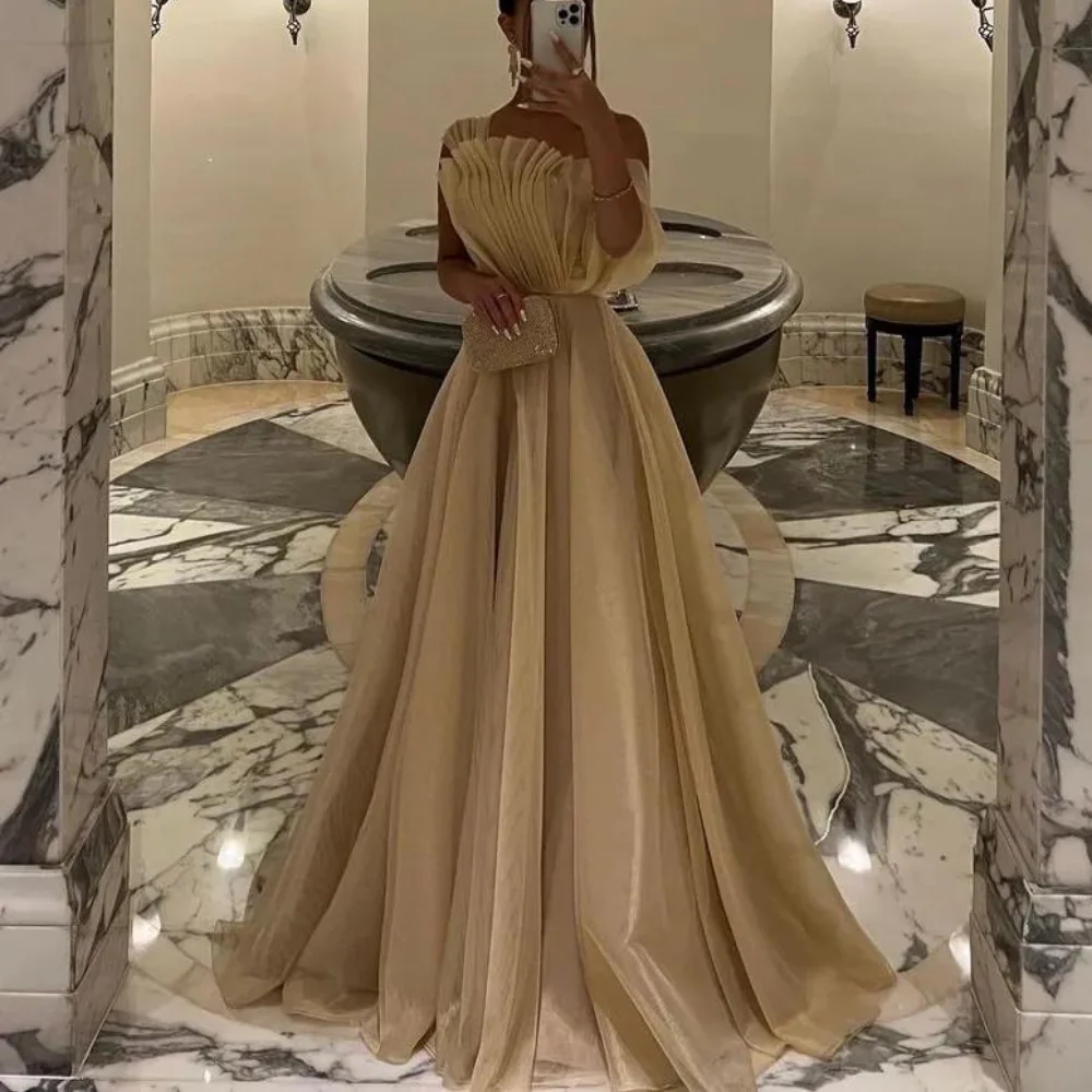Champagne Prom Dress One Shoulder Organza Pleated  Luxury Evening Dress Ms261204