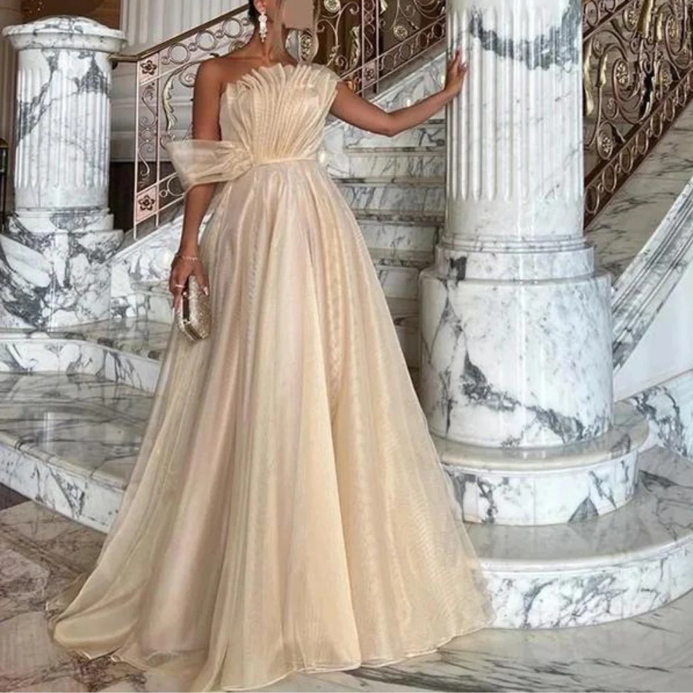 Champagne Prom Dress One Shoulder Organza Pleated  Luxury Evening Dress Ms261204